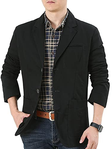 YAOTT Vardaglig blazer för män vintage blazer jacka smal passform långärmad bomull 3 knappar vardaglig kostym jacka affärer formell blazer vår höst lätt ytterkläder slag blazer kappa, Svart, M