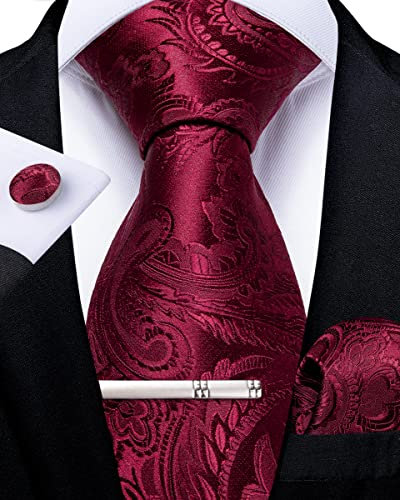 DiBanGu Burgunder Paisley Krawatte für Herren formellen Rot Seiden-krawatte und Einstecktuch Manschettenknöpfe Hochzeit Party Krawattenklammer Set