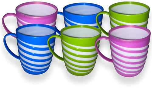 Cennet Plastic Drinking Mug with Handle - Reusable Unbreakable Lightweight Coffee Cups for Hot, Cold Tea, Milk Water Juice - Office, Camping,Travel, Party, BPA Free (Pack of 6) (Striped)
