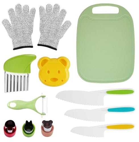 GAROMIA Küchenzubehör Kinder 12 Stück Küchenmesser Set mit Kinderhandschuhe Obst Gemüse Ausstechformen Kinder Messerset Schneiden Lernen kindermesser ab 2 Jahre zum Schneiden Kochen von Obst