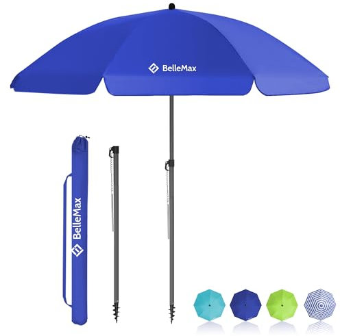 BelleMax Parasol de Plage Exterieur, avec ancre de sable 12 cm & Sac de Parasol, Inclinable sur 30°, Hauteur réglable, pour Balcon, Plage, Terrasse, Protection Solaire UV50 +,Bleu,180 cm