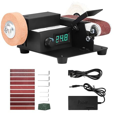 Mini Lijadora de Banda, Lijadora Eléctrica 350W 10000 rpm, Control Variable Infinito, Pantalla LED, Mini Pulidora de Escritorio para Metal Madera Aluminio Manualidades de Carpintería con 10 Bandas