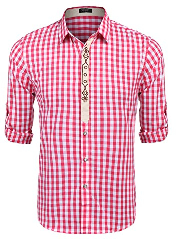 COOFANDY Herren Trachtenhemd Oktoberfest Hemden Kariertes Hemd Langarm Freizeithemden Bayrisches Hemd Männer Trachten Hemden Trachtenshirt Rot XXL