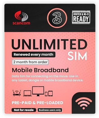 Three Unlimited Data SIM - Uncapped 5G Speeds - Preloaded for 2 months from Order - Plug & Play for Routers & Phones - Access to Three & Vodafone - Connects to the Strongest Signal available