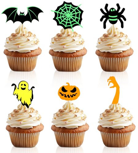 24pcs Happy Halloween Cupcake Toppers, Spider Pumpkin Bat Spider Web Ghost Cake Toppers Halloween Decorations for Birthday Party Halloween Baby Shower Cake Supplies