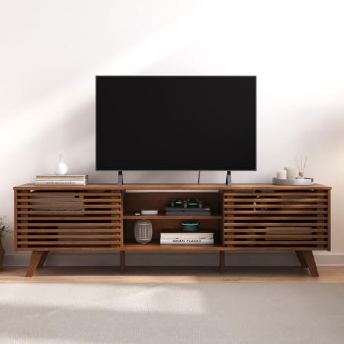 TV Lowboard RIAN mit 2 Schiebetüren für 75 TV Kastanien Farben - TV Kommode aus massivem Kiefernholz, 3 verstellbare Einlegeböden, TV Sideboard