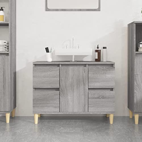 Homvdxl Under Sink Bathroom Cabinet, Storage Cabinet, with 4 Drawers, 1 Door, for Washbasins without Pedestal, with Feet, 80x33x60 cm - Grey+Oak