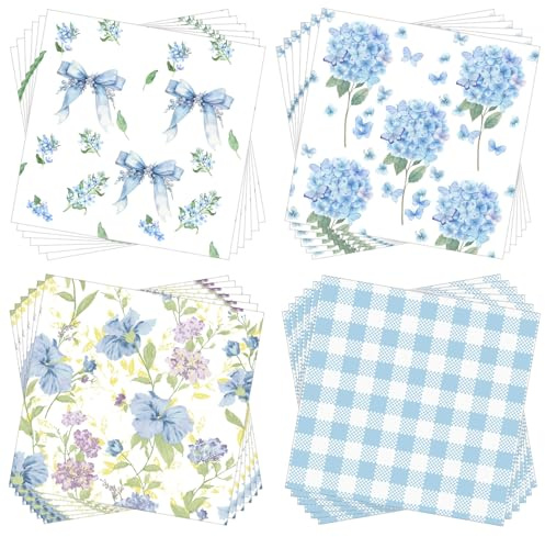 Crtiin 50 Pack Blue Floral Decoupage Napkins, One Napkin with 4 Patterns, Blue White Hydrangea Party Supplies, Cocktail Paper Decor, Unfolded 13 Inches