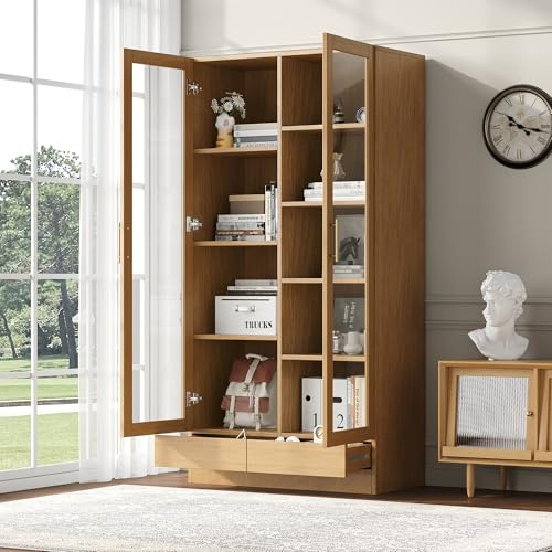 Vetrina in vetro per ufficio, libreria, mensole non regolabili, cassetti push-to-open, 80 x 40 x 160 cm, colore legno