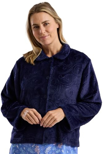 Marlon Women's Lucy Fleece Bed Jacket - Soft Short Robe with Collar, Long Sleeves & Button or Zip Closure - Cosy & Warm Loungewear, Swirl Navy, L
