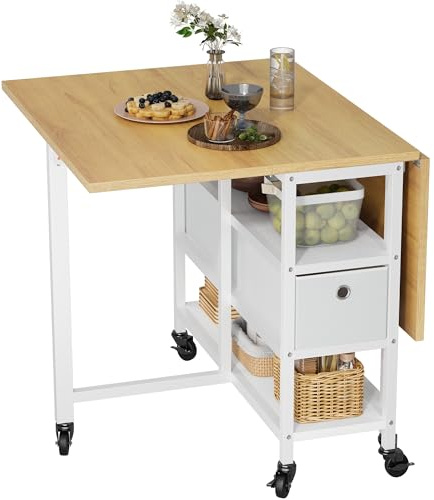 YITAHOME Table de Salle à Manger Pliable, Table Rabattable Mobile avec 6 roulettes et tiroirs de Rangement pour Petits espaces, Cuisine, Salle à Manger, Chêne Jaune et Blanc