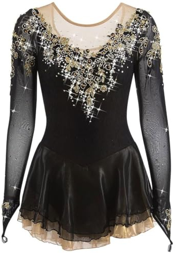 FZHQNZJF Costumes de Compétition De Patinage sur Glace Artistique pour Filles Robes de Danse Patin à roulettes de Strass Vêtements de Sport Gymnastique de Ballet à Manches Longues,Noir,5_8Years