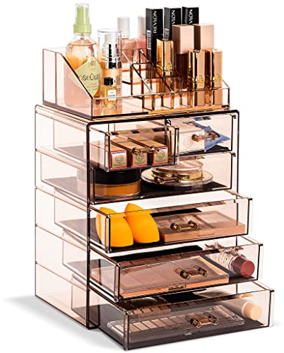 Sorbus Acrylic Makeup Organizer Set, 7-Drawer Vanity & Countertop Cosmetic Storage with Small & Wide Compartments, Bronze Glow Makeup Storage for Brushes, Jewelry – Holiday Gift for Women & Teens