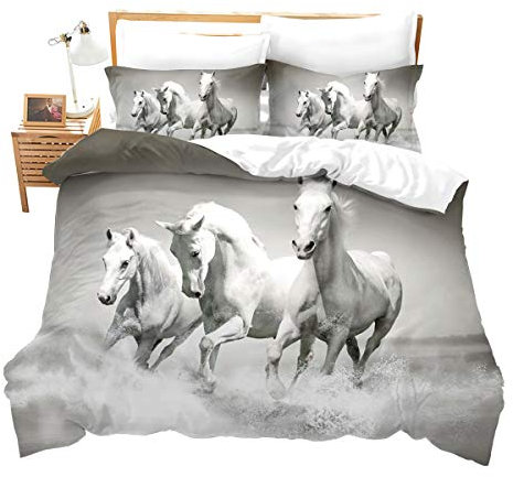 Loussiesd - Set di biancheria da letto per bambini, motivo cavalli bianchi, con stampa 3D in esecuzione, motivo cavalli, copriletto in microfibra con cerniera e cravatte grigie