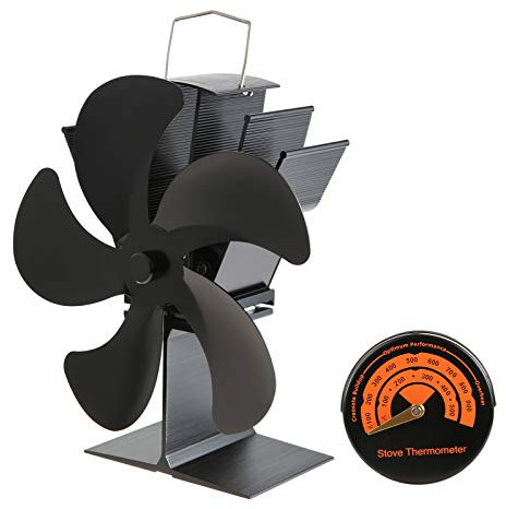 gohantee Ventilateur de bûcher 5 pales - Ventilateur de bûcher silencieux avec thermomètre Ventilateur de dessus de poêle, Ventilateur de cheminée alimenté par la chaleur pour brûleur à bois/cheminée
