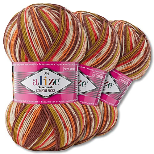 Wohnkult Alize 3x100g Superwash Comfort Sockenwolle 33 Farben zur Auswahl EIN-/Mehrfarbig Pullover Kleidung Wolle (7709)