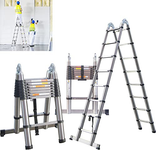 Multifunctional Foldable Telescopic Herringbone Ladder - A-Shaped & Straight, Heavy Duty Anti-Tilt Stainless Steel, 16 Steps Fully Extended to 5M/16.5FT