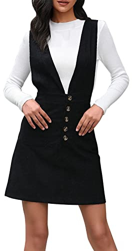 LAEMILIA Robe Salopette en Velours Côtelé Femme Jupe à Bretelles Robe A-Ligne Col en V Boutonnée Mini Skirt Rétro Dress Trapèze Vintage Couleur Unie pour Dame Fille Automne Hiver