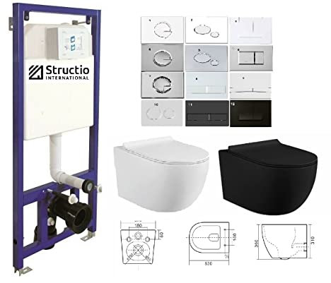 WC Komplettset Spülrandlos Sitz Soft Close Vorwandelement Unterputz Spülkasten Vorwandspülkasten Keramik Unterputzspülkasten Wand WC Set Schüssel weiß/schwarz + Drückerplatte (SD 10, weiß)