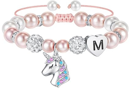 TINGN Einhorn Armband Mädchen - Einhorn Geschenke für Kinder Rosa Armband mit Buchstaben M Regenbogen Kinderarmband Schmuck Kinder Geburtstagsgeschenk Geschenk für Mädchen 5 6 7 8 9 10 Jahre