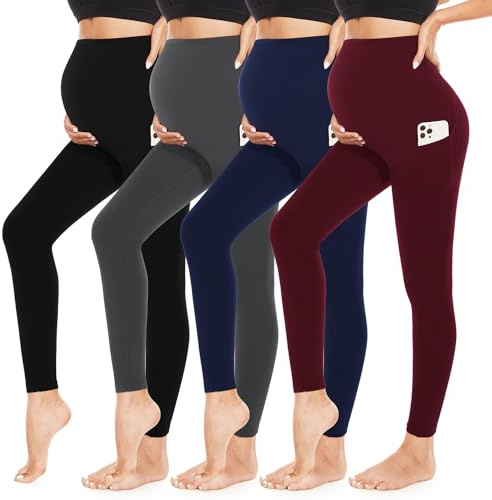 4 Pack Women’s Maternity Leggings with Pockets Over The Belly Maternity Clothes Sets Outfits Sweatpants Buttery Soft Tight Pregnancy Pants Must Haves Essentials Red Black Grey Blue Activewear