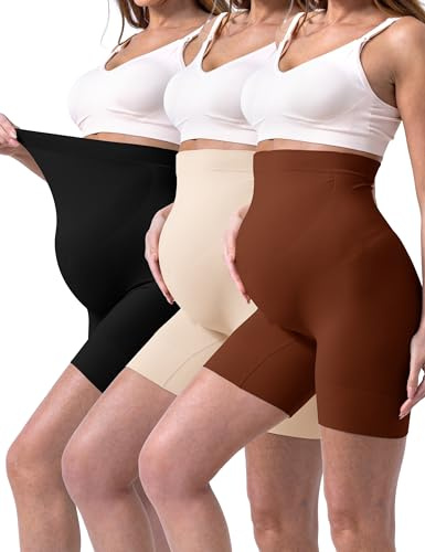 SUNNYBUY Shapewear Premaman da Donna per Abiti, Senza Cuciture, a metà Coscia, Biancheria Intima per Gravidanza, Supporto sopra la Pancia, Confezione da 3 - Nero + Pelle + Cioccolato, X-Large