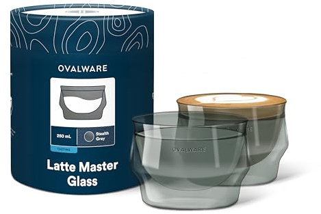 ovalware 8.5oz Double Wall Latte Cups, Latte Set of 2 - Latte Glasses for Cold & Hot Drink, Palm-Sized Cups with Wide Rim for Artistic Designs - Stealth Gray
