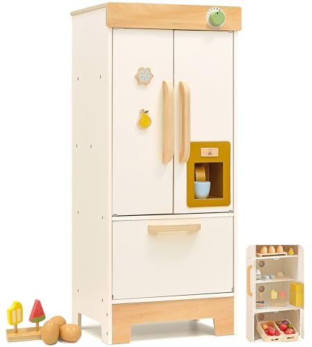 PairPear Kids Play Kitchen Toy Fridge Wooden Toy Refrigerator Freezer Set for Toddler Pretend Play Kitchen Acessories Play Food Gift for Boys & Girls Age 3+