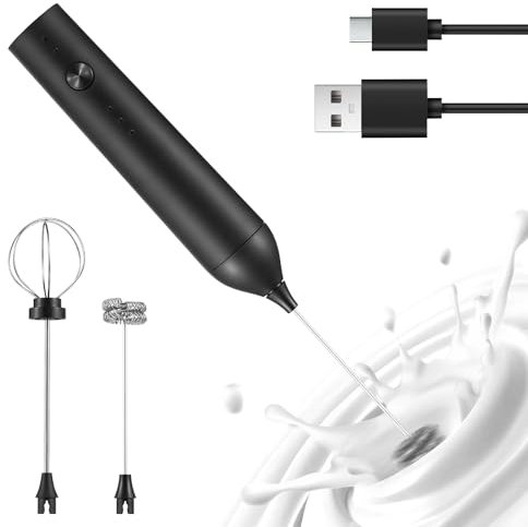 Irishom Schiumatore Elettrico per Latte, Ricaricabile, Portatile, con 3 Livelli di velocità, Frusta Regolabile, Supporto per caffè, Panna, albume d'uovo, con 2 Teste in Acciaio Inossidabile