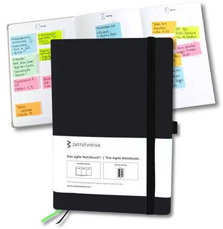zettelweise - Das agile Notizbuch A5 | Mit integriertem Kanban Board | inkl. 300 Haftnotizen | Mehr Klarheit + Fokus | Notizbuch To do | 192 nummerierte Seiten | veganes Hardcover (Schwarz)