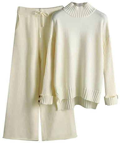 Completi Lana in 2 Pezzi Pullover Top a Maniche Lunghe Pantaloni a Gamba Larga Tuta Eleganti Comodo Larghi Set da Donna a Metà Autunno in Maglia Training Complete da Casa Curvy Polsino Elastico