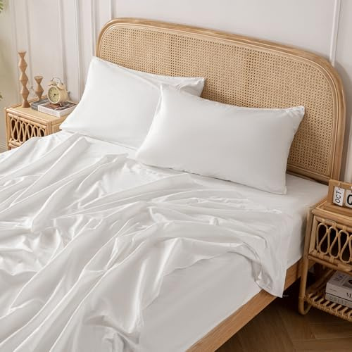 Yibeizi White 100% Washed Cotton Linen Feel Sheet Set Queen Size, 4 Pieces Deep Pocket Bed Sheets Soft Breathable Hotel Bedsheets