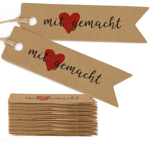 MEJOSER 50 Stück Geschenkanhänger Mit Liebe Gemacht Etiketten Anhänger Handmade with Love Handgemacht Anhänger Hochzeit Kommunion Taufe Handmade Label mit Schnur Braun Etiketten Gastgeschenke