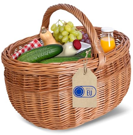 Creative Home Großer Picknickkorb Weidenkorb mit Henkel | Einkaufskorb | 44 x 33 x 36 cm | Groß und Leicht | Naturbraun | Handgeflochten | Universell