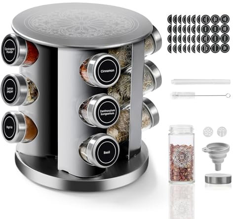 Portaspezie girevole per la cucina, carosello in acciaio inossidabile con 12 barattoli per spezie rotondi da 100 ml, etichetta