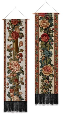 PLIGREAT 2 Pack Vintage Floral Tapestry with Tassels Rose Border Vine Aesthetic Wall Hanging Vertical Home Art Tapestry for Bedroom Living Room Bathroom Art Decor