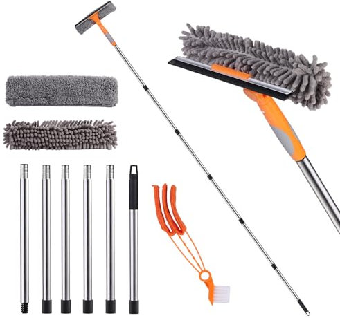 GOYOXOKY 7.8Ft/2.4M Window Squeegee Cleaner Tool Kit with 6 Pole Long Handle, Glass Cleaner Brush with Silicon Squeegee and Microfiber Cloth, High Window Cleaning Equipment for Wall, Car Glass, Mirror