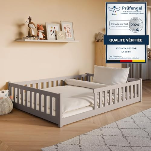 Kinderbett Bodenbett 140x200 cm mit Matratze Rausfallschutz & Lattenrost Montessori Bett Bed Gitterbett Kinder Jugendbett Einzelbett | Kaschmir weitere Größen 80x160 | 90x200 | 120x200 cm