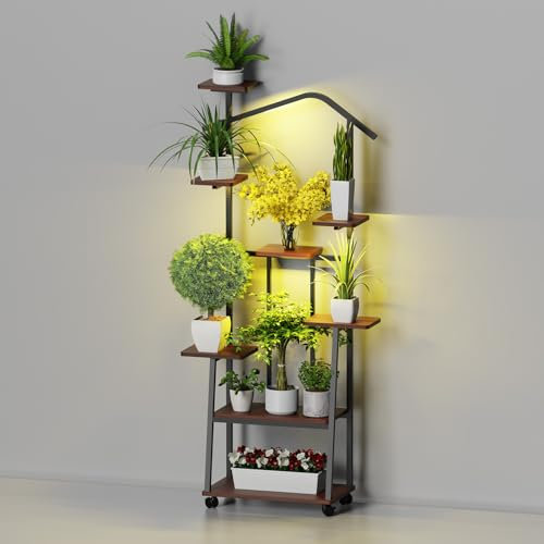 Probapro Supporto per piante con luce a spettro completo, scaffale per piante a 8 livelli, 157 cm, in metallo e legno, supporto decorativo per interni ed esterni, balcone e giardino (con ruote)