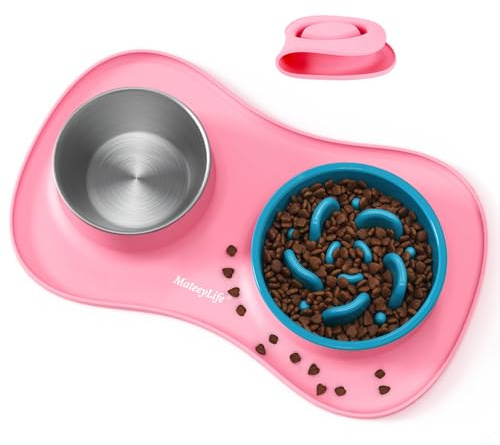MateeyLife Set de Gamelle Chien 3 en 1, Gamelle Anti Glouton et Eau en Acier Inoxydable avec Tapis Anti-Dérapant en Silicone, Bols pour Chiots pour Races Petites, Moyennes et Grandes 51.5×30.7 cm