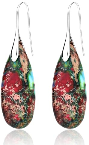 2pcs Boucles d'Oreilles en Pierre Naturelle, Boucles d'Oreilles Pendantes Pierre Naturelle en Forme Fishhoop Bijoux Tendance pour Femmes(Rouge, Argent)