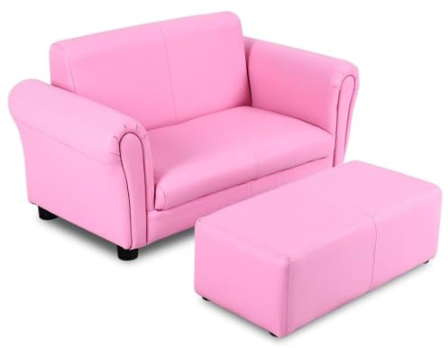Costzon Kids Couch with Footstool, 2 in 1 Double Seat Children's Sofa w/PU Leather Surface, Armrest Chair Lounge, Soft Kids Sofa for Preschool Bedroom Kids Room Toddlers Boys Girls Birthday (Pink)