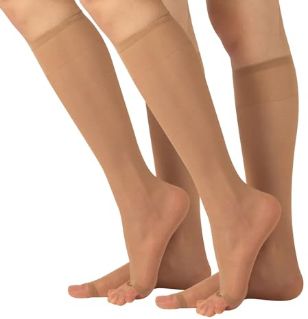 CALZITALY 2 Pairs Sheer Open Toe Knee-High Socks | Toeless Socks with Comfort Band | Knee-High Socks for Peep Toe Shoes | 10 DEN | Skin, Black | One Size | Made in Italy (One Size, Natural)