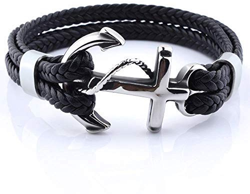 Planetys - Pulsera Ancla Nautica Cuero Trenzado Negro y Acero Inoxidable