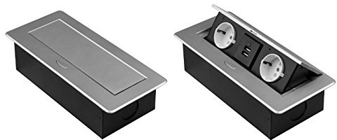 Einbausteckdose versenkbar mit oder ohne USB und in 2 Farben Silber oder Schwarz zum Auswählen (2X Schuko + 2X USB, Silber)