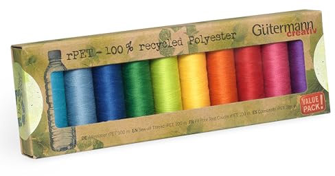Gütermann creativ Nähfaden-Set rPET mit 10 Spulen Allesnäher 100 m aus 100 Prozent recyceltem Polyester in verschiedenen Farben