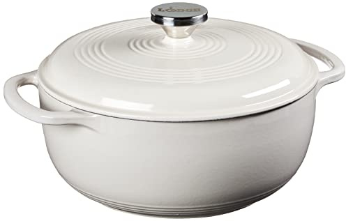 Lodge 4.5 Quart Enameled Cast Iron Dutch Oven with Lid – Dual Handles – Oven Safe up to 500° F or on Stovetop - Use to Marinate, Cook, Bake, Refrigerate and Serve – Oyster White