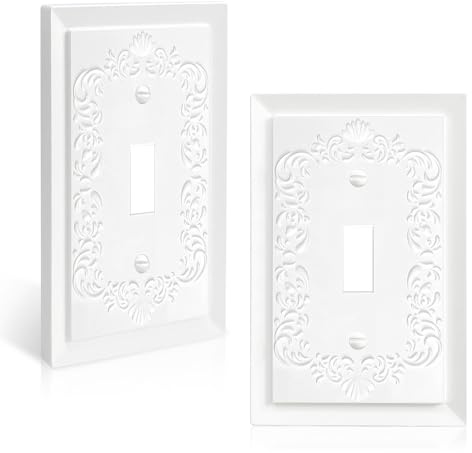 2 Pack Light Switch Cover Plate, Toggle Modern Decorative Outlet Covers Wall Plates, Petal Relief Design Classic Style Pure White (Mid-Size Single Toggle)