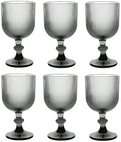 GMMH Juego de 6 copas de vino de colores vintage con relieve (línea/negro/350 ml), copas de boda, copas de champán, jarra, cuenco de postre, copas de cristal, copas de vino, copas de agua, copas de
