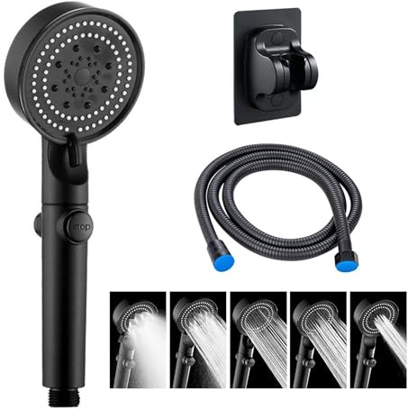JurciCat Ducha Baño Cabezal Ducha Con Manguera De 1,5 M Con Rociador 6 Modos De Rociado Cabezal Ducha Mango Ducha Alta Presión Soporte Sin Taladrar（Negro）